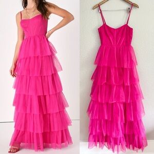 Rule the Runway Hot Pink Tulle Bustier Tiered Maxi Dress